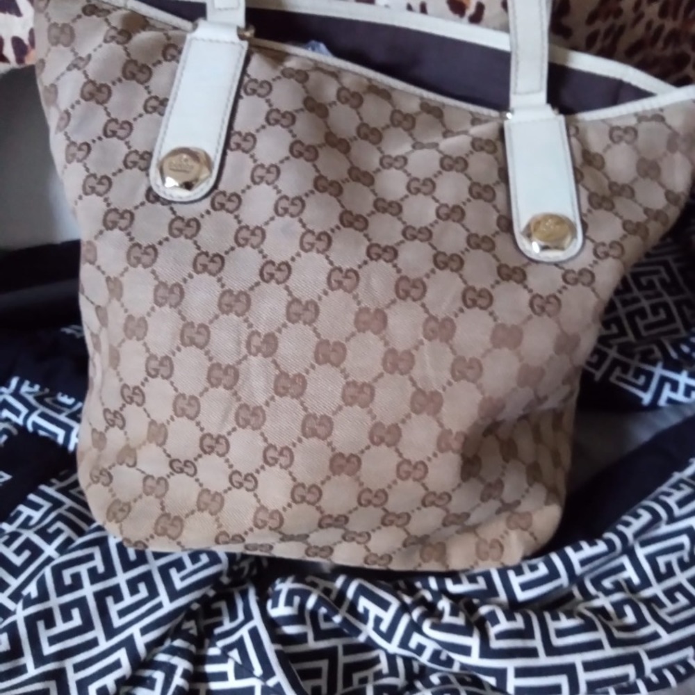 Gucci Beige Brown GG Canvas Tote with White Trim